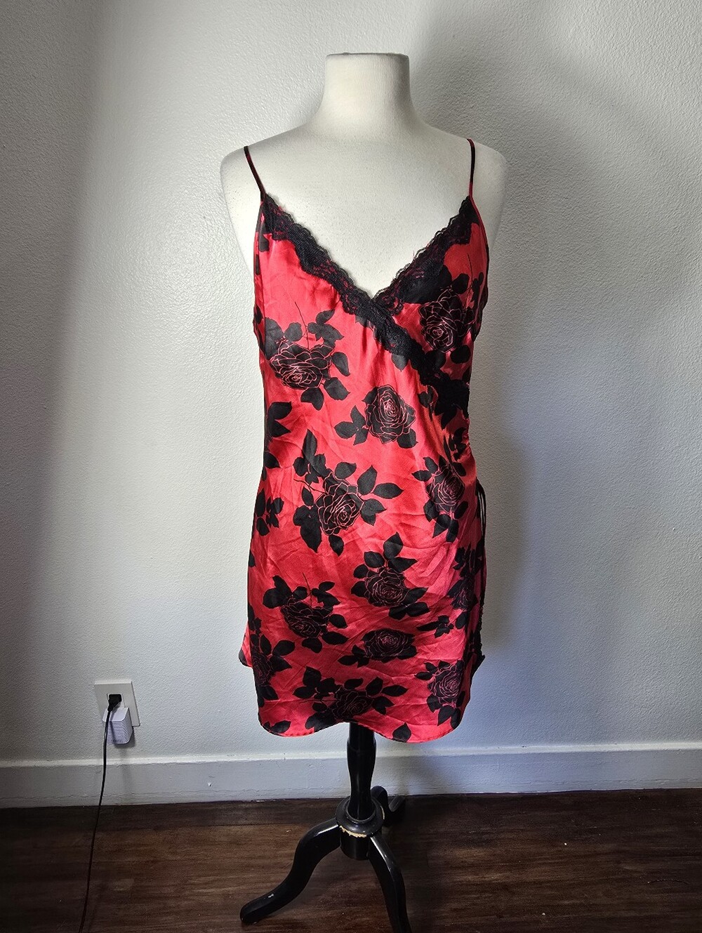 Red Satin Floral Lace-Trim Slip with Black Rose Print